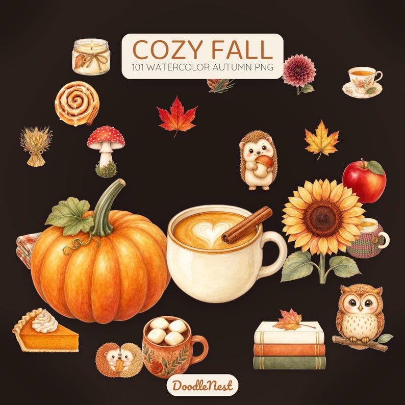 May include: A collection of watercolour autumn illustrations featuring a pumpkin, a coffee mug with latte art and a cinnamon stick, a hedgehog, an owl, a sunflower, an apple, a slice of pie, a candle, and books with the text COZY FALL 101 WATERCOLOUR AUTUMN PNG.