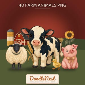 Farm Animals Clipart Bundle, Cute Watercolor Barnyard Animal PNG, 40 Nursery Clipart Set, Farm Baby Shower, Birthday Party, Commercial Use