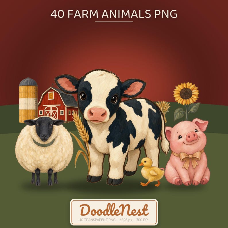 May include: A digital illustration set titled 40 FARM ANIMALS PNG featuring a black and white calf, a fluffy white sheep, a pink pig with a bow, and a yellow duckling. Includes a red barn, a yellow silo, a sunflower, and wheat stalks. Text reads DoodleNest.