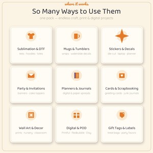 May include: A beige informational graphic titled So Many Ways to Use Them, featuring nine white squares with orange icons and text labels. Categories include Sublimation & DTF, Mugs & Tumblers, Stickers & Decals, Party & Invitations, Planners & Journals, Cards & Scrapbooking, Wall Art & Decor, Digital & POD, and Gift Tags & Labels.