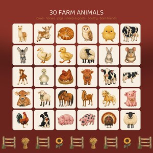 May include: A grid of 30 square illustrations featuring various farm animals including cows, horses, pigs, sheep, goats, and poultry. The text "30 FARM ANIMALS" appears at the top, followed by "cows &middot; horses &middot; pigs &middot; sheep & goats &middot; poultry &middot; barn friends".