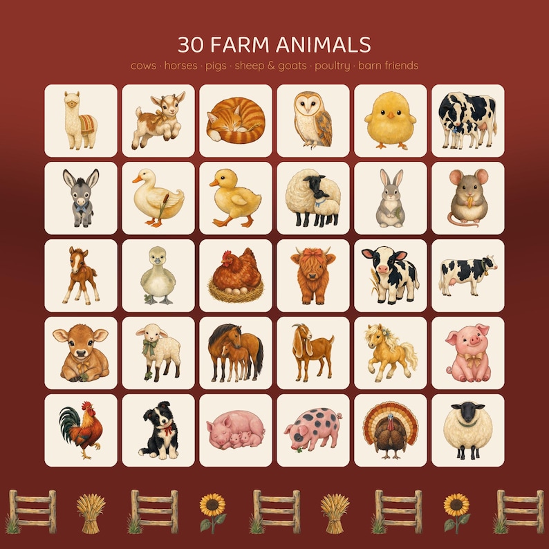 May include: A grid of 30 square illustrations featuring various farm animals including cows, horses, pigs, sheep, goats, and poultry. The text "30 FARM ANIMALS" appears at the top, followed by "cows &middot; horses &middot; pigs &middot; sheep & goats &middot; poultry &middot; barn friends".