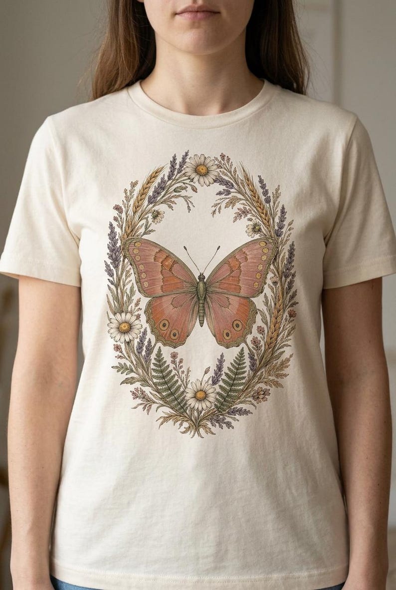 Cottagecore-Schmetterling (PNG), Wildblumenkranz-Shirt-Design, Boho-Schmetterling-Sublimationsdesign, transparenter Hintergrund, kommerzielle Nutzung Bild 2