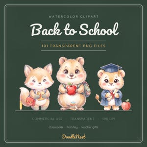 Watercolor Back to School Clipart Bundle, 101 Cute School Animals PNG, Classroom Teacher Clipart, Commercial Use, Transparent 4K