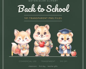 Watercolor Back to School Clipart Bundle, 101 Cute School Animals PNG, Classroom Teacher Clipart, Commercial Use, Transparent 4K
