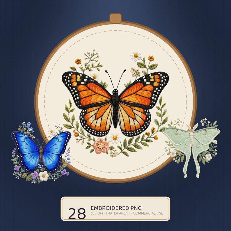 Faux Embroidery Butterfly PNG, 28 Stitched Clipart Bundle, Monarch Luna Moth Wildflower, Cottagecore Sublimation, Commercial Use image 1