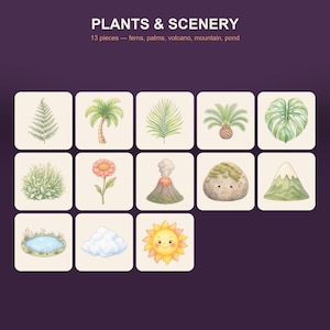 May include: A set of 13 square stickers labeled PLANTS & SCENERY featuring watercolor illustrations of ferns, palm trees, a volcano, a mountain, a pond, a flower, a smiling rock, a cloud, and a smiling sun on a dark purple background.