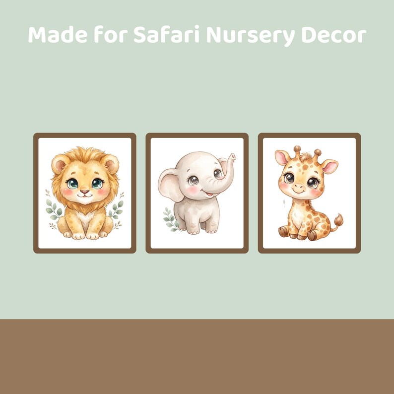 Three framed watercolor illustrations of a lion, an elephant, and a giraffe, displayed on a two-toned green and brown background with text "Made for Safari Nursery Decor."