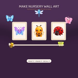 Three framed insect illustrations, a blue butterfly, a yellow bee, and a red ladybug, with smaller insect illustrations around them, on a dark purple background.