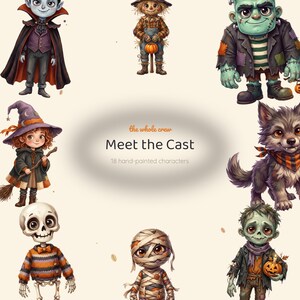 Cute Halloween Clipart Bundle, 25 PNG, Whimsical Watercolor Characters, Ghost Pumpkin Witch Cat, Transparent, Commercial Use, Sublimation image 2