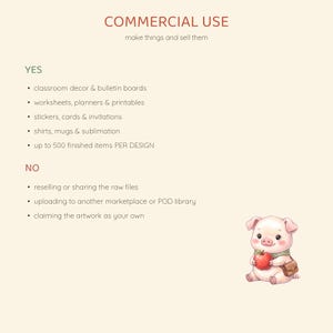 Op de afbeelding: Een document voor commercieel gebruik met tekst die toegestane en verboden acties voor digitale bestanden beschrijft. Het bevat een klein, lichtroze cartoonvarken dat zit en een rode appel vasthoudt, met een groene sjaal en een kleine bruine tas.