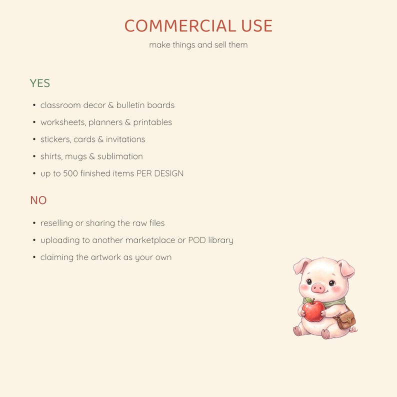 Op de afbeelding: Een document voor commercieel gebruik met tekst die toegestane en verboden acties voor digitale bestanden beschrijft. Het bevat een klein, lichtroze cartoonvarken dat zit en een rode appel vasthoudt, met een groene sjaal en een kleine bruine tas.