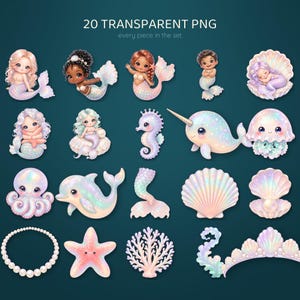 Mermaid Clipart Bundle, 20 Cute Pastel PNG, Iridescent Baby Mermaid Nursery Art, Seahorse Narwhal Shell, Commercial Use image 2