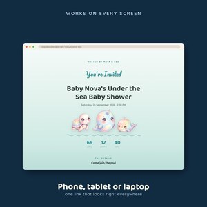 May include: A digital invitation for Baby Nova's Under the Sea Baby Shower on Saturday, 26 September 2026 at 2:00 PM. The screen displays illustrations of a turtle, narwhal, and whale, a countdown timer, and the text Works on Every Screen.