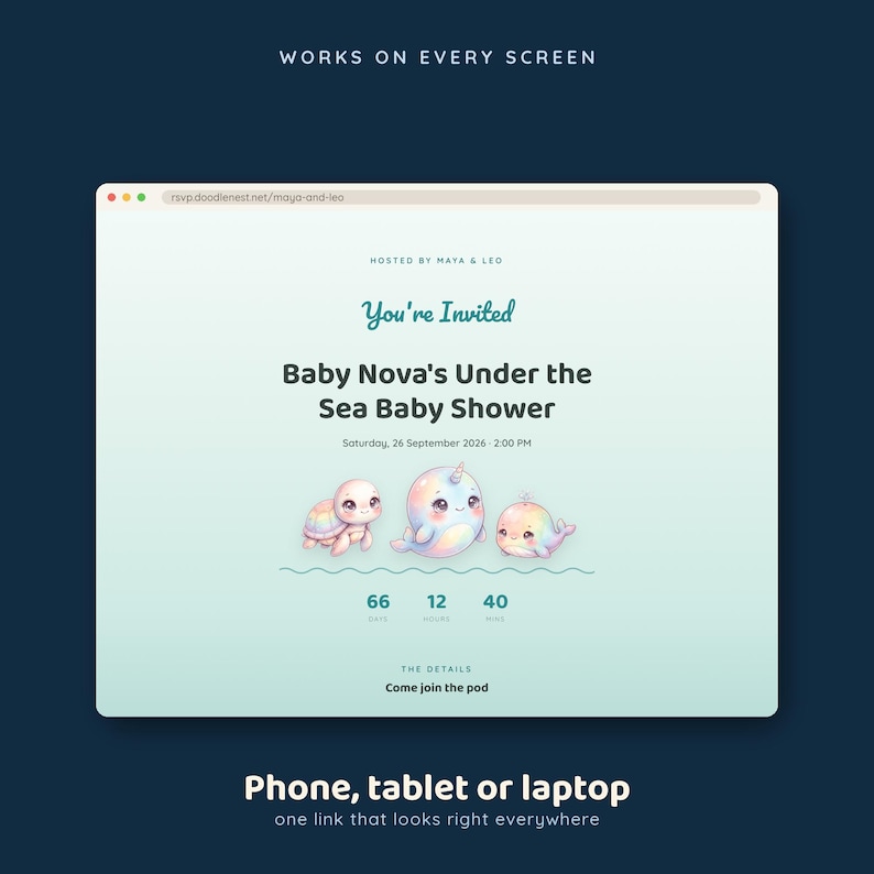 May include: A digital invitation for Baby Nova's Under the Sea Baby Shower on Saturday, 26 September 2026 at 2:00 PM. The screen displays illustrations of a turtle, narwhal, and whale, a countdown timer, and the text Works on Every Screen.