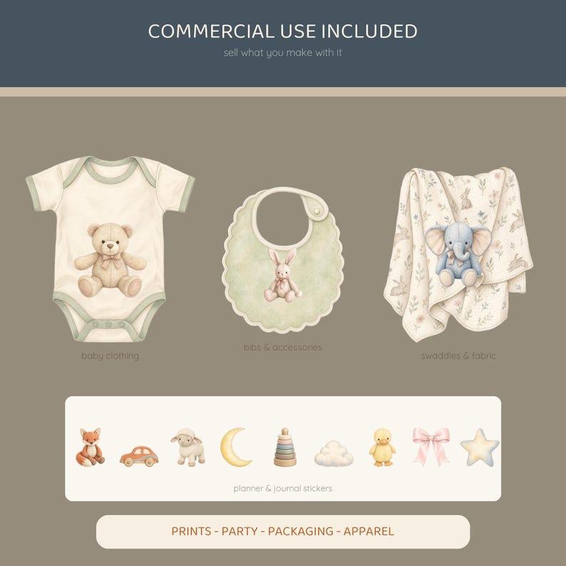 May include: A digital collection featuring a cream baby bodysuit with a teddy bear, a scalloped sage green bib with a rabbit, and a floral swaddle blanket with a blue elephant. Below are small stickers of a fox, car, sheep, moon, stacker, cloud, duck, bow, and star.