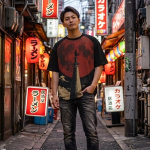 May include: A black short-sleeved t-shirt featuring a graphic print of a dark silhouette standing atop a tall pillar against a large red moon, paired with dark grey denim jeans and black sneakers, worn in a narrow urban alleyway with signs.