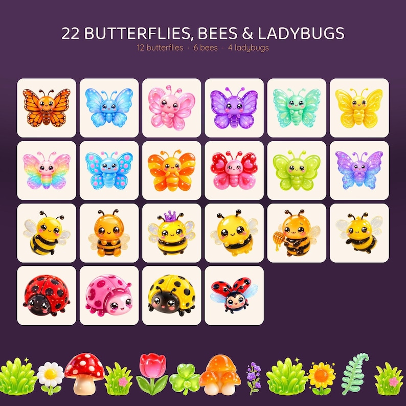 A grid of 22 cartoon-style illustrations featuring butterflies, bees, and ladybugs in various colors, with a row of green foliage at the bottom.