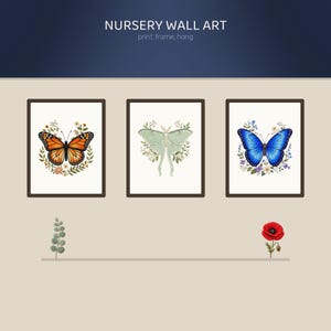 Faux Embroidery Butterfly PNG, 28 Stitched Clipart Bundle, Monarch Luna Moth Wildflower, Cottagecore Sublimation, Commercial Use image 6