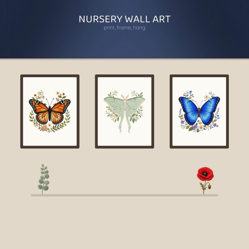 Faux Embroidery Butterfly PNG, 28 Stitched Clipart Bundle, Monarch Luna Moth Wildflower, Cottagecore Sublimation, Commercial Use image 6