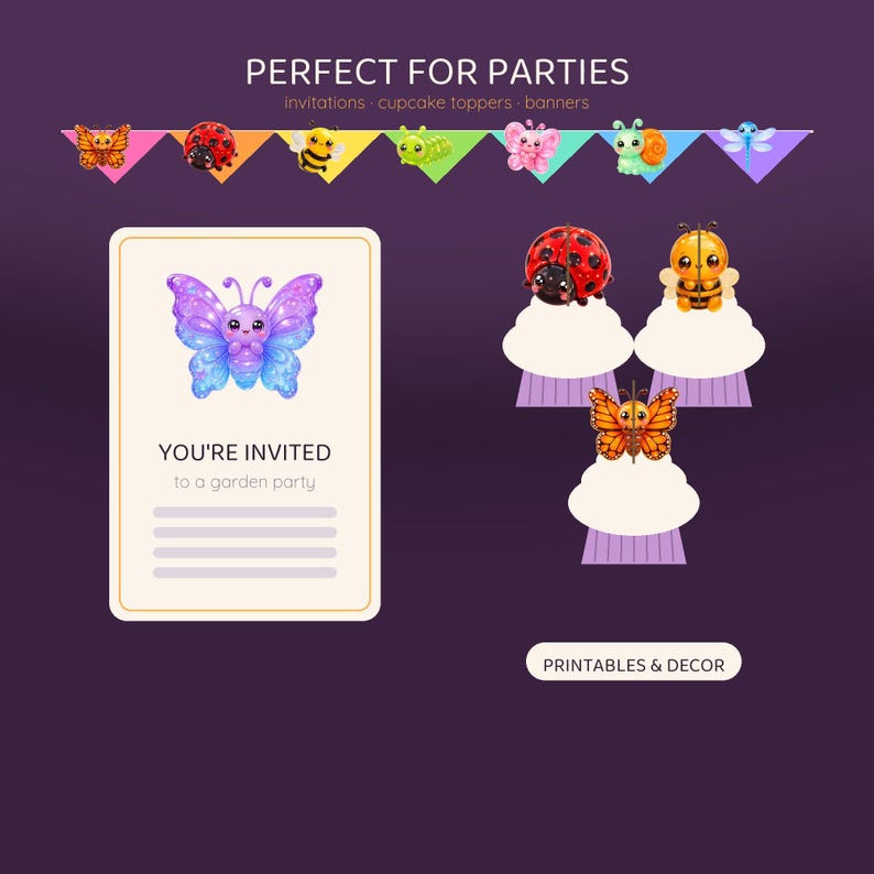 A purple invitation card with a butterfly illustration and text, next to two cupcakes topped with insect illustrations, and a banner of insect flags.