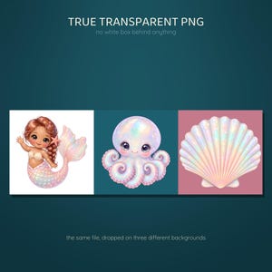 Mermaid Clipart Bundle, 20 Cute Pastel PNG, Iridescent Baby Mermaid Nursery Art, Seahorse Narwhal Shell, Commercial Use image 8