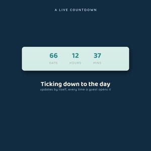 May include: A digital countdown timer on a dark blue background displaying 66 days, 12 hours, and 37 minutes. The text reads A LIVE COUNTDOWN, Ticking down to the day, and updates by itself, every time a guest opens it in a light green box.