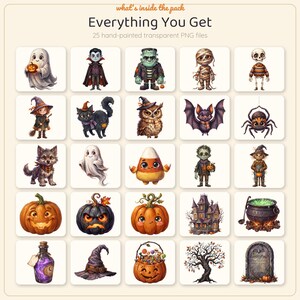 May include: A digital collection of 25 hand-painted transparent PNG files featuring Halloween-themed illustrations including ghosts, vampires, Frankenstein, mummies, skeletons, witches, black cats, owls, bats, spiders, pumpkins, a haunted house, and a cauldron.