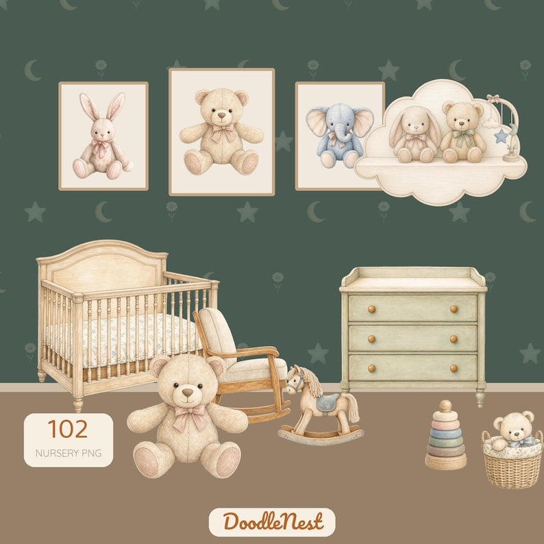 May include: A digital collection of nursery illustrations featuring a wooden crib, a rocking chair, a three-drawer dresser, a rocking horse, a stacking toy, a teddy bear in a basket, and wall art depicting a rabbit, bear, and elephant.