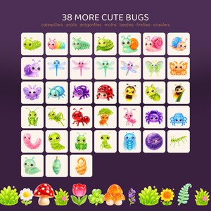 A grid of 38 cartoon-style illustrations of various insects including caterpillars, snails, dragonflies, and beetles, with a row of green foliage at the bottom.