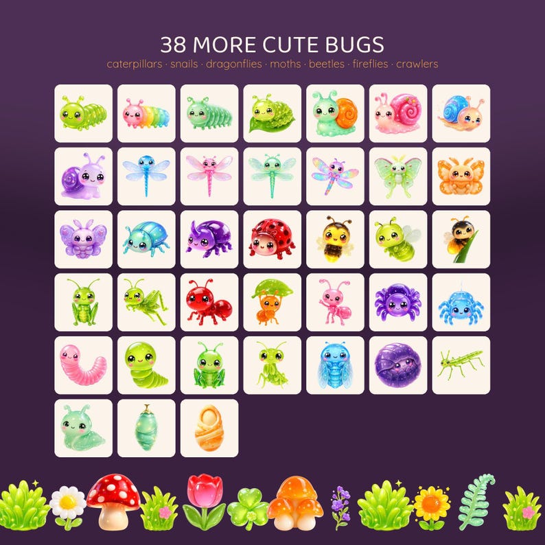 A grid of 38 cartoon-style illustrations of various insects including caterpillars, snails, dragonflies, and beetles, with a row of green foliage at the bottom.