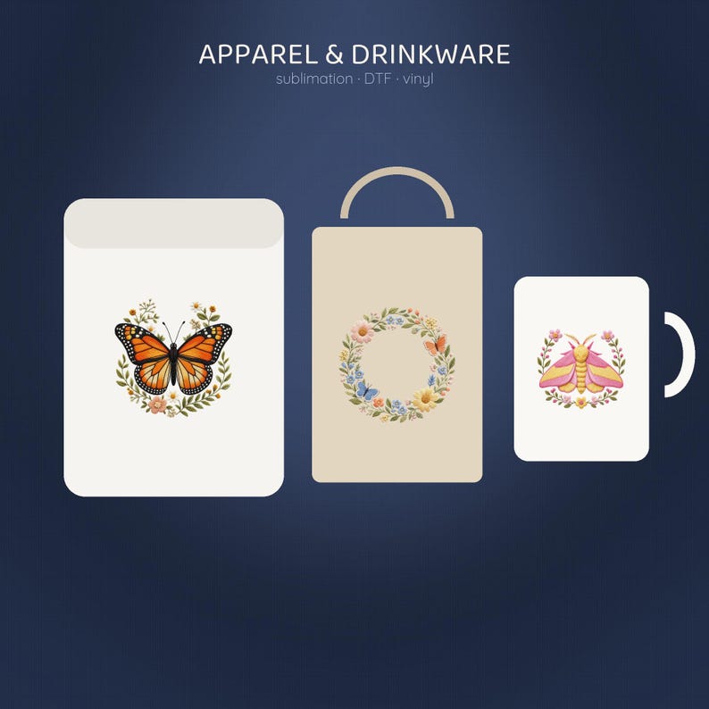 Faux Embroidery Butterfly PNG, 28 Stitched Clipart Bundle, Monarch Luna Moth Wildflower, Cottagecore Sublimation, Commercial Use image 7