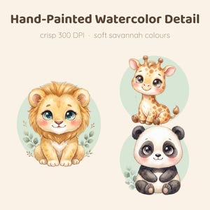 Three watercolor illustrations of a lion, a giraffe, and a panda, each with green leaves, on a light green background with text "Hand-Painted Watercolor Detail crisp 300 DPI soft savannah colours."