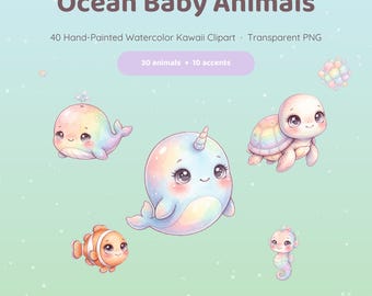 Under The Sea Baby Animals Clipart, Kawaii Ocean Animal PNG, Watercolor Narwhal Whale Clip Art, Nursery Baby Shower Graphics, 300 DPI PNG