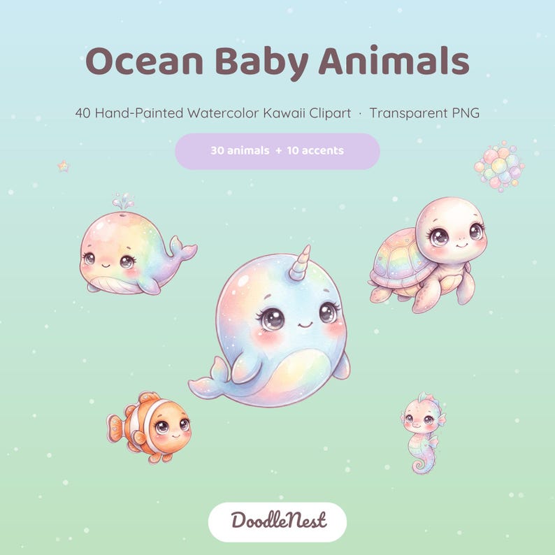 May include: Digital clipart set titled Ocean Baby Animals featuring 40 hand-painted watercolor illustrations. Includes 30 animals and 10 accents such as a whale, narwhal, turtle, clownfish, and seahorse in pastel rainbow colors on a light background.