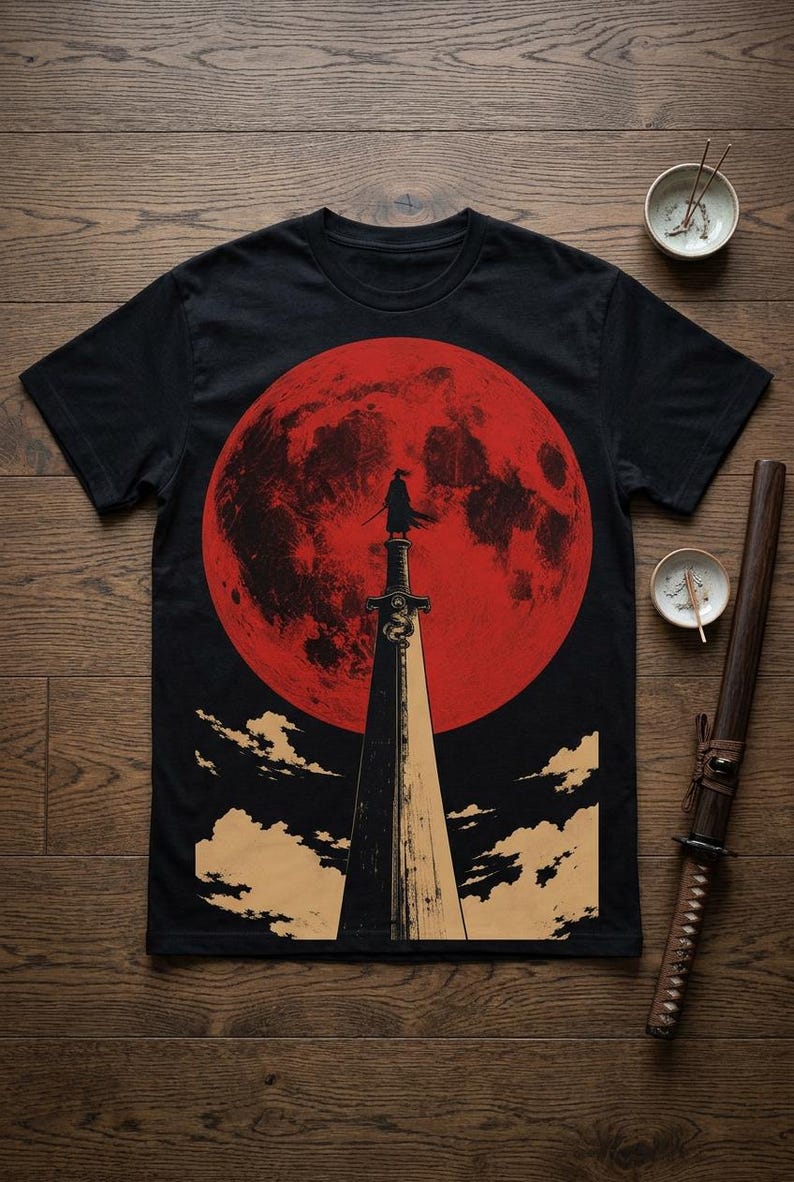 May include: A black short-sleeve t-shirt featuring a graphic print of a silhouette standing atop a sword handle against a large red moon. The design includes stylized clouds at the base of the sword, creating a high-contrast scene on the fabric.