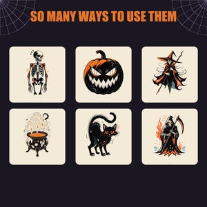 Puede incluir: Un fondo oscuro con el texto SO MANY WAYS TO USE THEM y seis iconos cuadrados con ilustraciones de Halloween: un esqueleto, una calabaza, una bruja, un caldero burbujeante, un gato negro y la parca con una guada&ntilde;a.