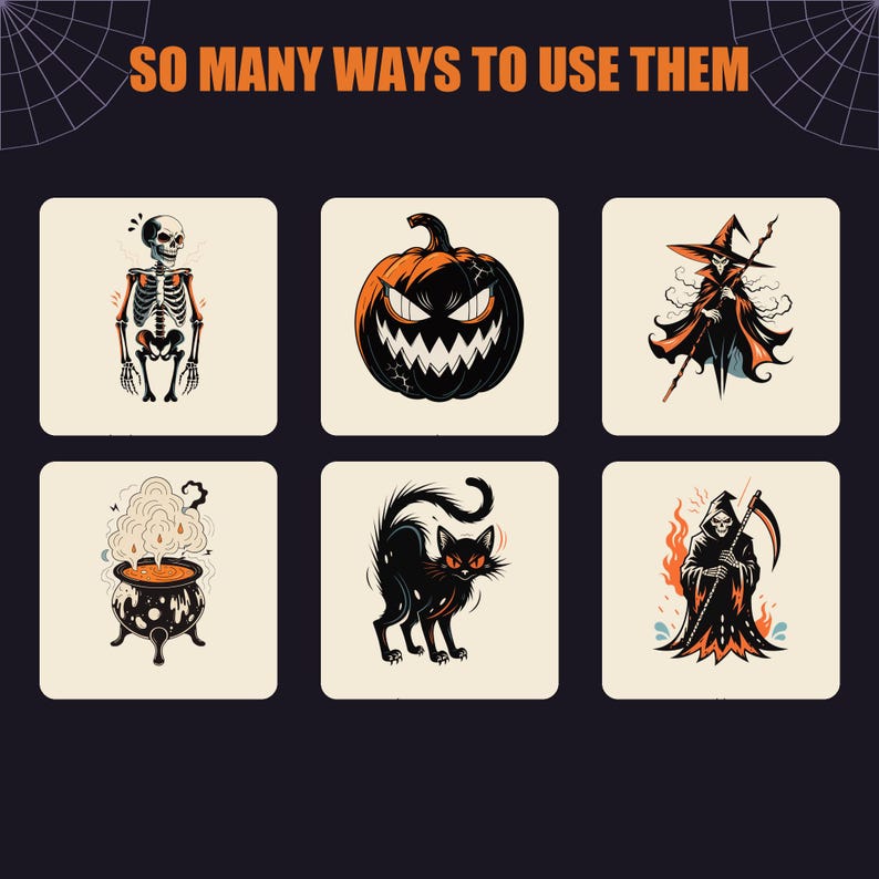 Puede incluir: Un fondo oscuro con el texto SO MANY WAYS TO USE THEM y seis iconos cuadrados con ilustraciones de Halloween: un esqueleto, una calabaza, una bruja, un caldero burbujeante, un gato negro y la parca con una guada&ntilde;a.