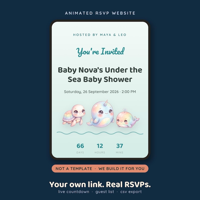 May include: An animated RSVP website invitation for Baby Nova's Under the Sea Baby Shower hosted by Maya and Leo on Saturday, September 26, 2026, at 2:00 PM. The design features pastel illustrations of a turtle, narwhal, and whale with a countdown.