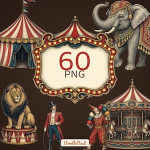 Puede incluir: Una colección digital de 60 ilustraciones PNG con temática de circo que incluye una carpa a rayas rojas y blancas, un elefante decorado, un león sobre un pedestal, un maestro de ceremonias, un payaso con bolas de colores y un carrusel.