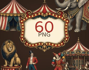 Vintage Circus Clipart Bundle | 60 Woodblock Engraved PNG, Carnival Clipart, Circus Animal Clipart, Junk Journal Ephemera Kit