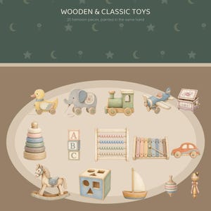 May include: A collection of 20 wooden toys including a duck, elephant, train, airplane, music box, stacking rings, alphabet blocks, abacus, xylophone, car, rocking horse, shape sorter, sailboat, spinning top, and rattle in muted pastel colors.