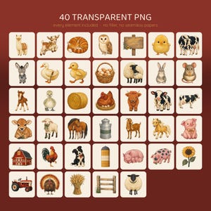 May include: A collection of 40 transparent PNG digital illustrations featuring farm animals, including a llama, goat, cat, owl, chick, cow, donkey, duck, basket of eggs, sheep, rabbit, mouse, foal, gosling, hay bale, hen, highland cow, pig, and sunflower.