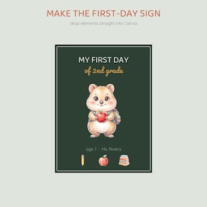 Op de afbeelding: Een donkergroen rechthoekig bord met de tekst "MAKE THE FIRST-DAY SIGN", "drop elements straight into Canva", "MY FIRST DAY of 2nd grade", "age 7" en "Ms. Rivera". Het bevat een getekende quokka met een rode appel, een potlood, een appel en een stapel boeken.