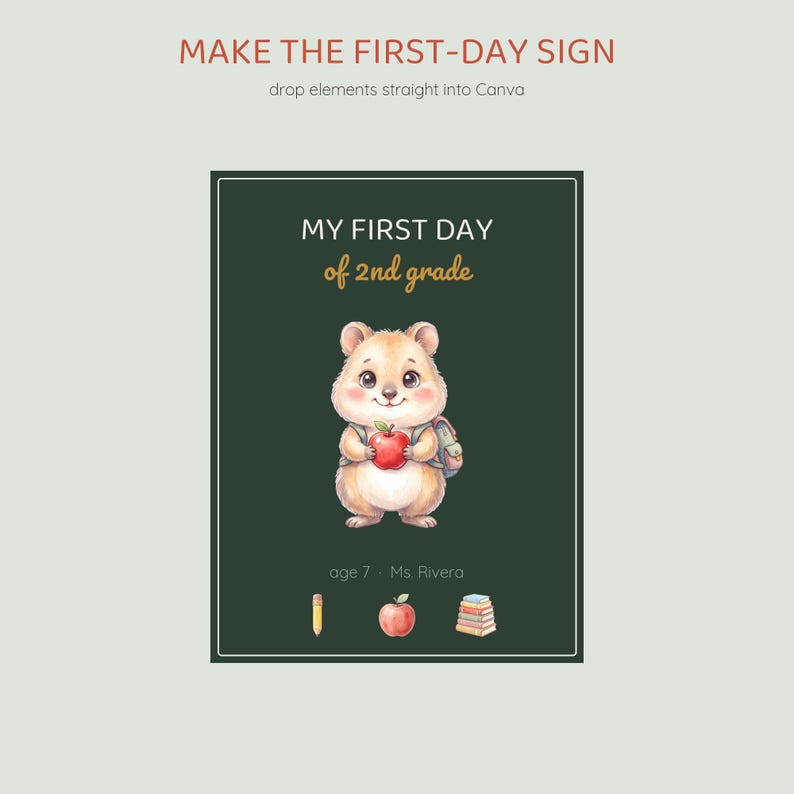 Op de afbeelding: Een donkergroen rechthoekig bord met de tekst "MAKE THE FIRST-DAY SIGN", "drop elements straight into Canva", "MY FIRST DAY of 2nd grade", "age 7" en "Ms. Rivera". Het bevat een getekende quokka met een rode appel, een potlood, een appel en een stapel boeken.