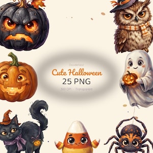 May include: A digital collection of 25 Halloween-themed PNG graphics featuring a black pumpkin, a brown owl in a scarf, an orange jack-o'-lantern, a white ghost holding a pumpkin, a black cat in a witch hat, candy corn, and a spider. Text reads DoodleNest Cute Halloween 25 PNG 300 DPI Transparent.