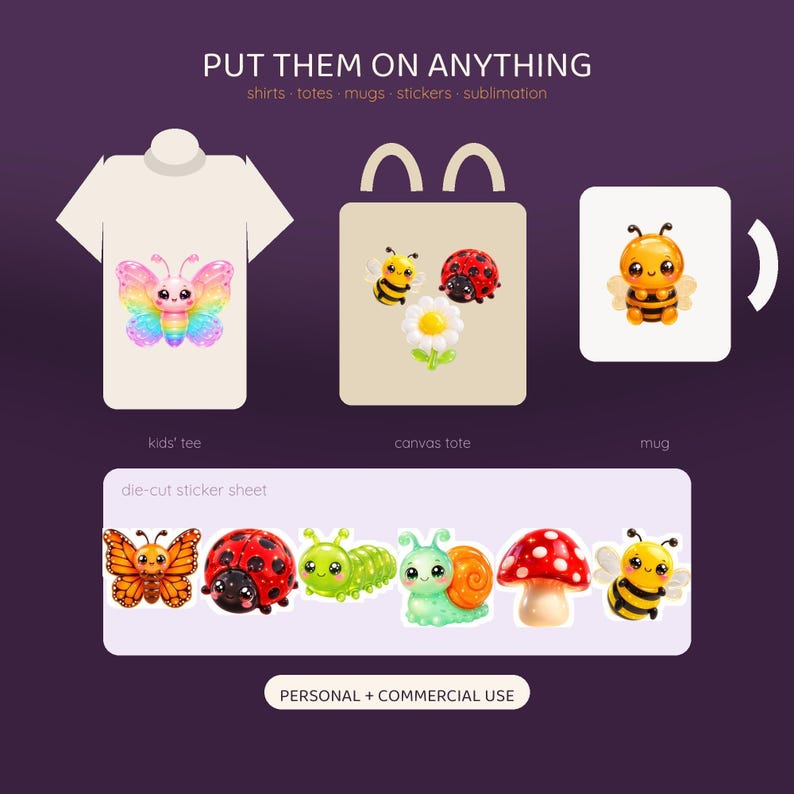 A white t-shirt with a butterfly, a canvas tote bag with a bee and ladybug, a mug with a bee, and a row of insect stickers.