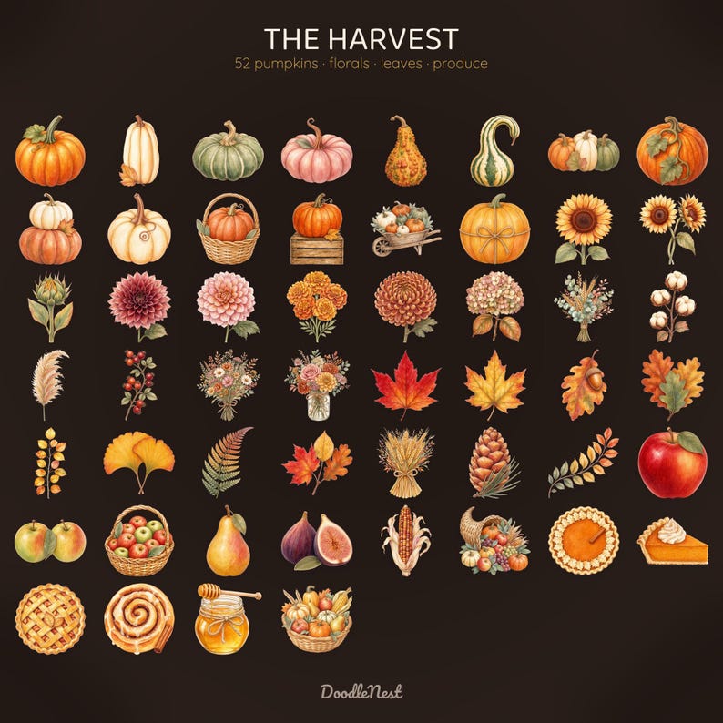 May include: A digital collection titled THE HARVEST featuring 52 illustrations of pumpkins, florals, leaves, and produce. The set includes various gourds, sunflowers, dahlias, autumn foliage, pinecones, apples, pears, figs, and pies on a dark background.