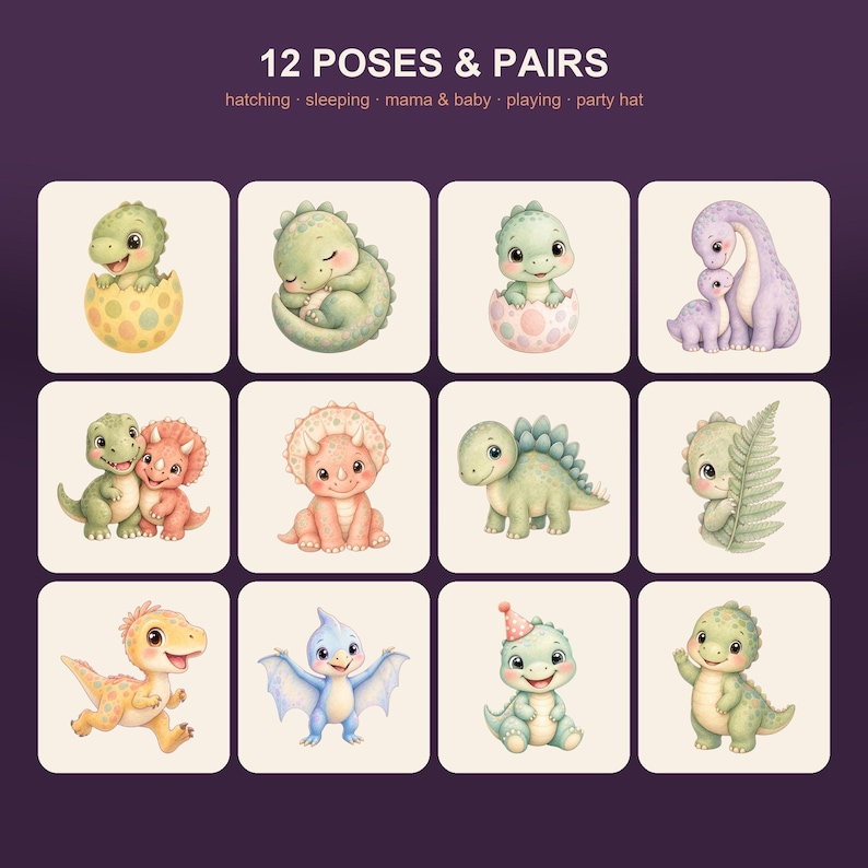 May include: A digital collection titled 12 POSES & PAIRS featuring twelve individual illustrations of cartoon dinosaurs in various activities including hatching, sleeping, playing, and wearing a party hat, displayed in a grid on a dark purple background.