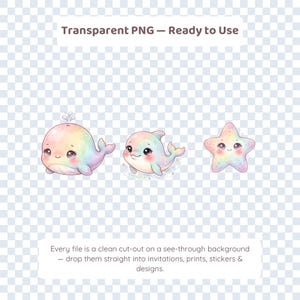 May include: Three pastel rainbow-colored illustrations featuring a whale with a water spout, a dolphin, and a five-pointed starfish. Each character has large dark eyes, rosy cheeks, and a smiling mouth. The text reads Transparent PNG &ndash; Ready to Use.